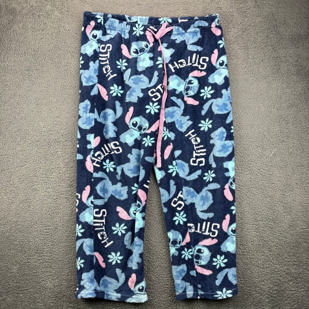 Disney Lilo and Stitch Womens XL Blue Fleece Pajama Pants Floral Hibiscus Lounge - Picture 1 of 8